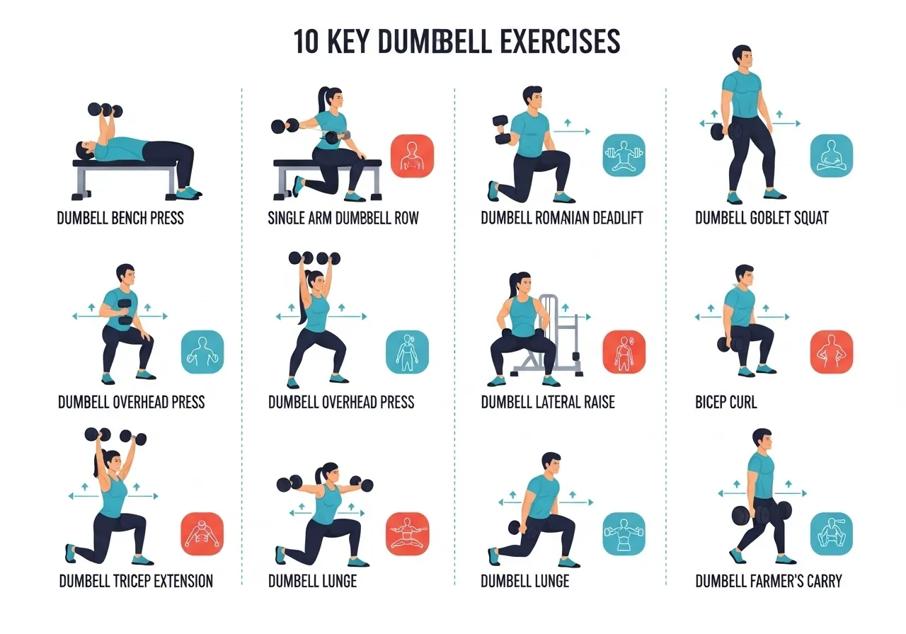 10 dumbbell exercises guide showing bench press single arm row Romanian deadlift goblet squat shoulder press lateral raise curl tricep extension lunge farmers carry