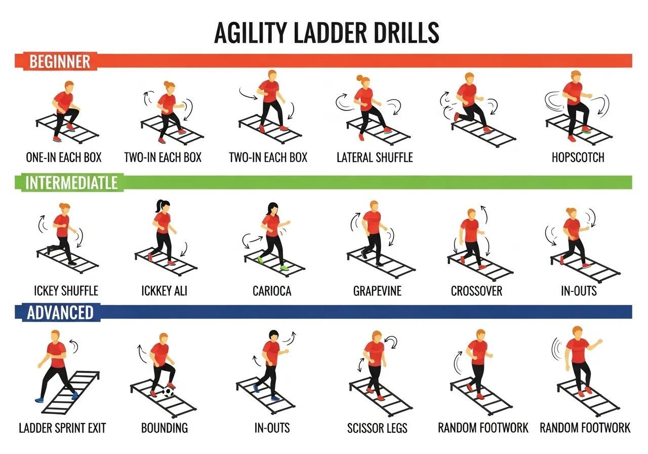 12 agility ladder drills tier progression showing tier 1 one-in two-in lateral tier 2 Ickey hopscotch tier 3 carioca sprint-out random