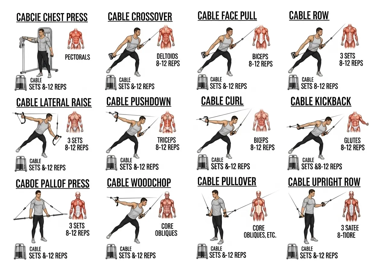 12 cable exercises upper body push pull biceps triceps shoulder core technique