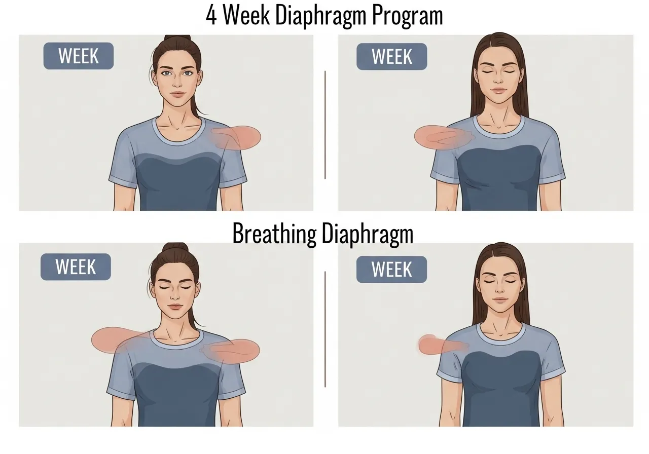 4 week breathing programme infographic showing supine foundation 360 upright integration performance benchmark automatic pattern goal