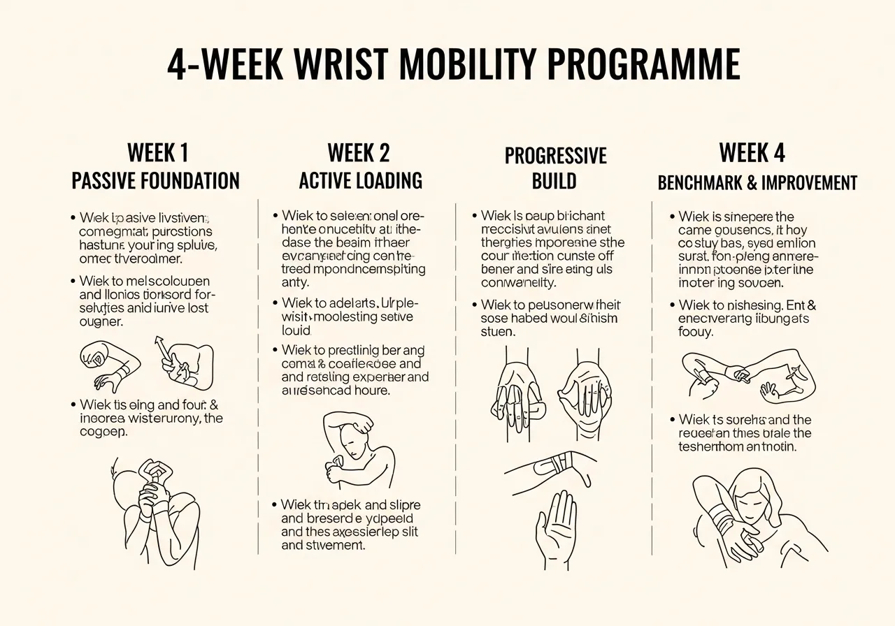 4 week wrist mobility programme infographic showing week 1 passive week 2 loading week 3 progressive week 4 benchmark improvement