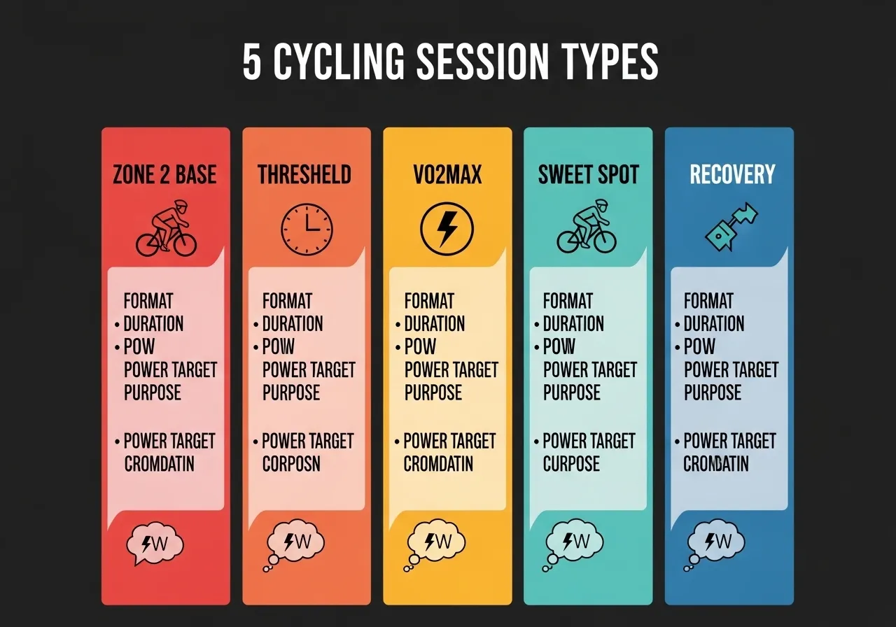 5 cycling session types guide showing Zone 2 base threshold intervals VO2max intervals sweet spot recovery ride format purpose key points