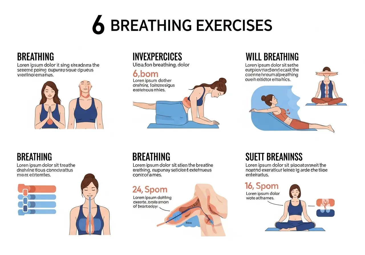 6 breathing exercises guide showing diaphragmatic 360 crocodile bracing breath IMT box breathing targets technique key points