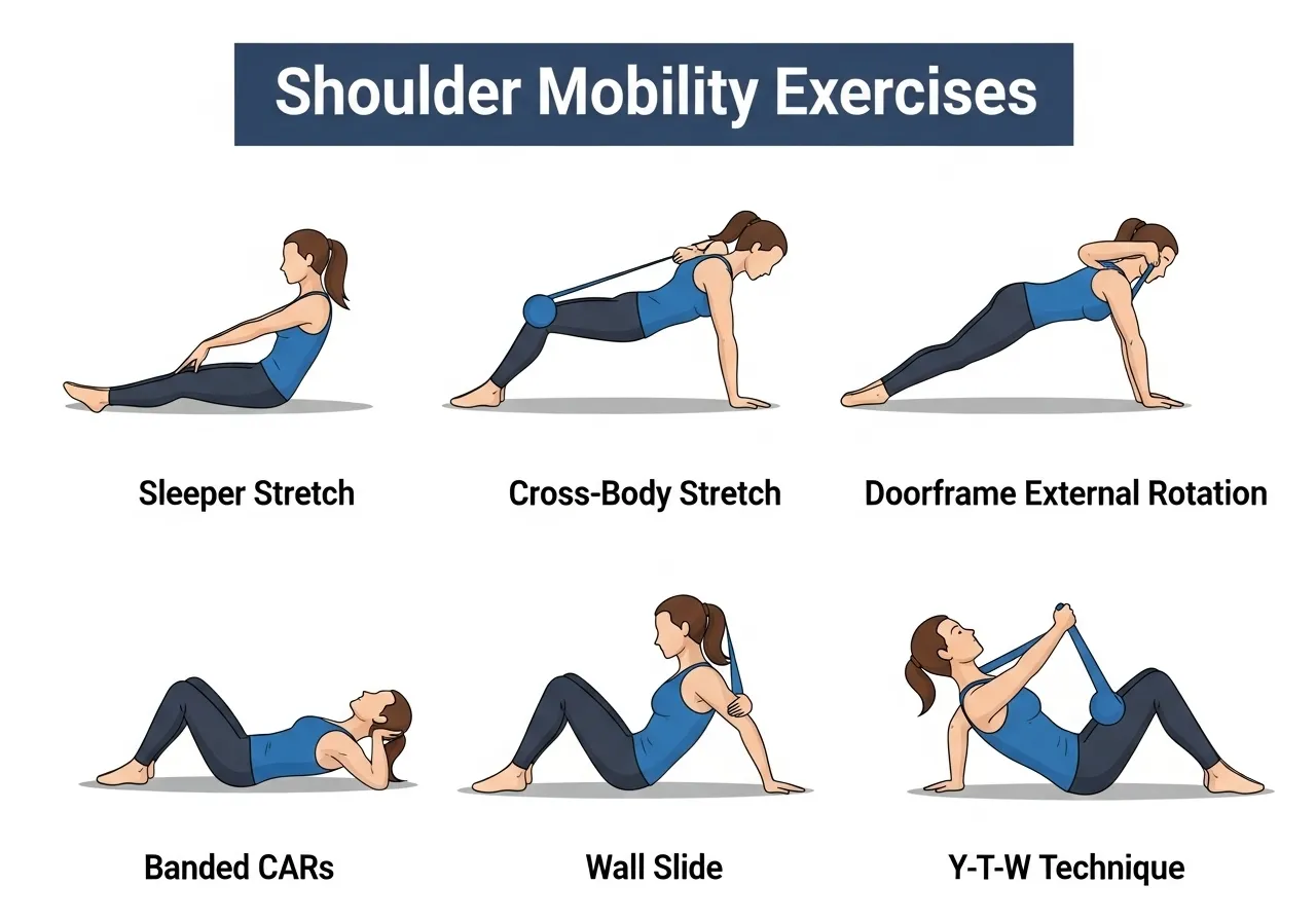 6 shoulder mobility exercises sleeper stretch cross body doorframe CARs wall slide Y-T-W technique progressions