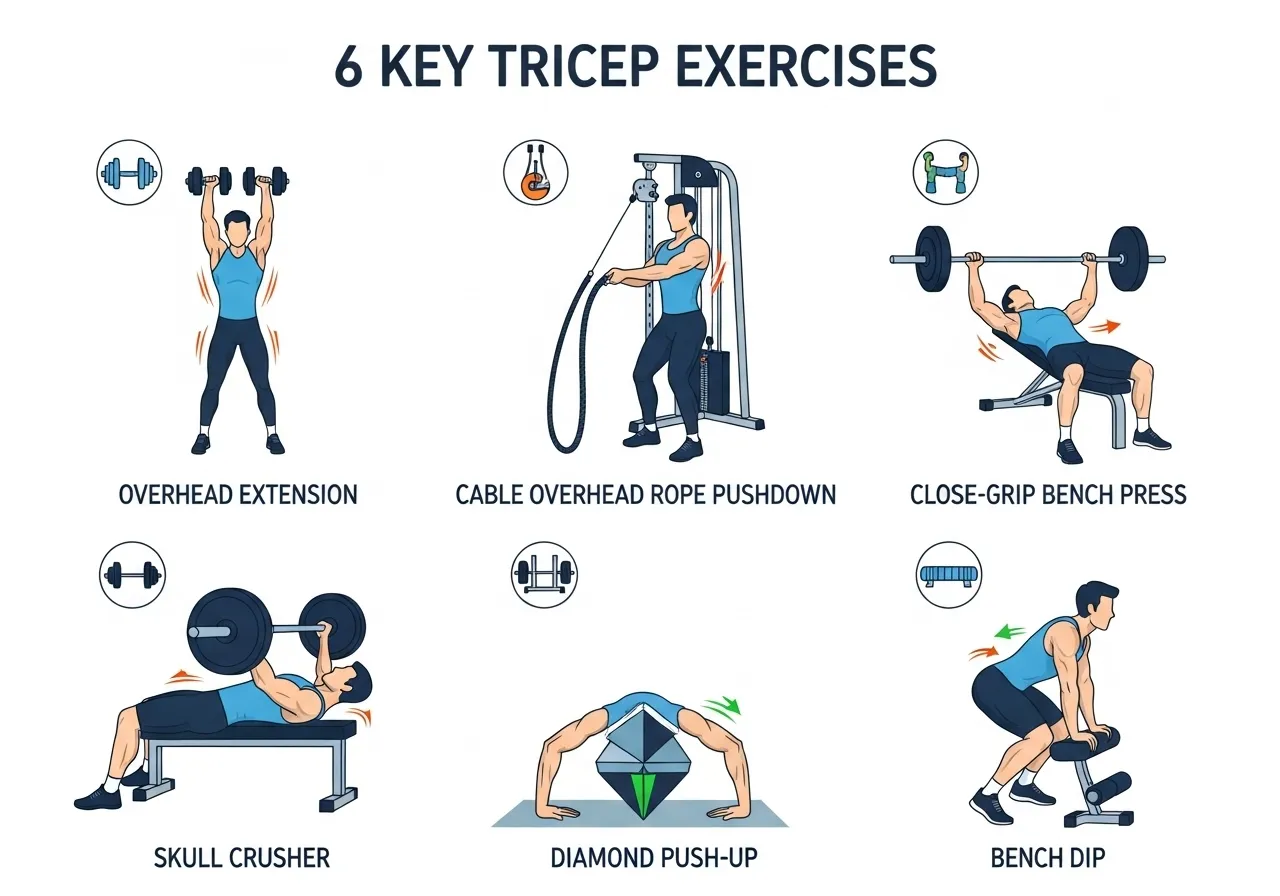 6 tricep exercises guide showing overhead dumbbell extension cable overhead extension rope pushdown close grip bench skull crusher diamond push up