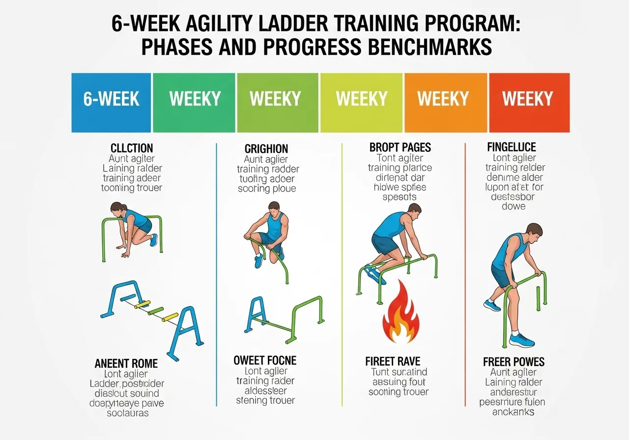 6 week agility ladder programme infographic showing tier 1 week 1-2 tier 2 week 3-4 tier 3 week 5-6 sprint benchmark time improvement