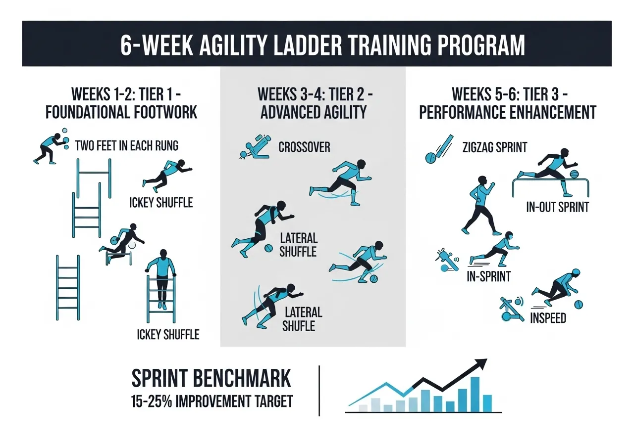 6 week agility ladder programme showing tier 1 pattern acquisition tier 2 speed build tier 3 sprint integration benchmark time reduction
