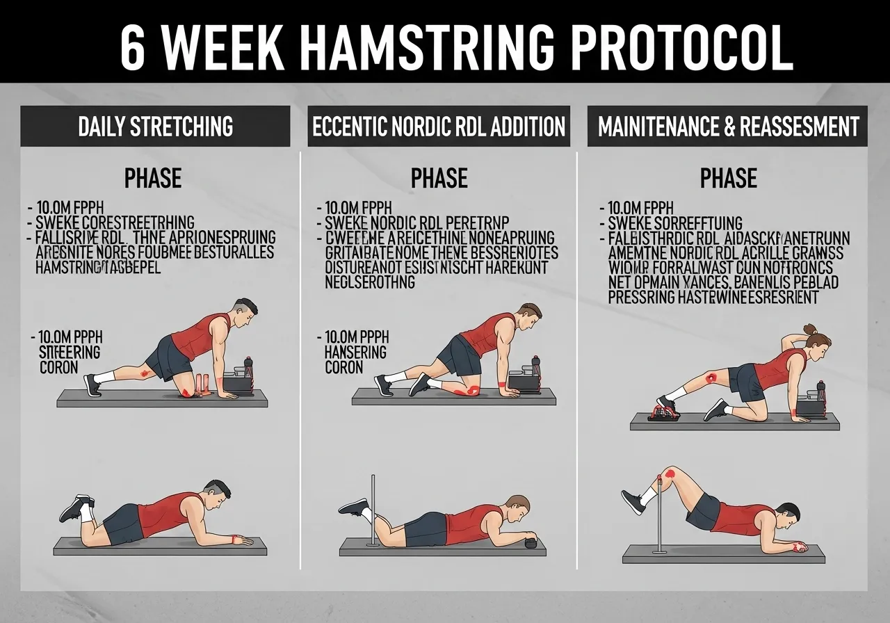 6 week hamstring flexibility protocol phase 1 stretching phase 2 eccentric loading phase 3 reassessment Nordic RDL