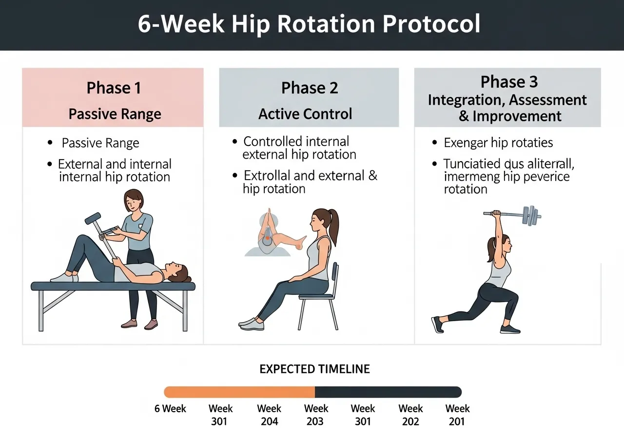 6 week hip rotation protocol three phases passive range active control integration assessment improvement