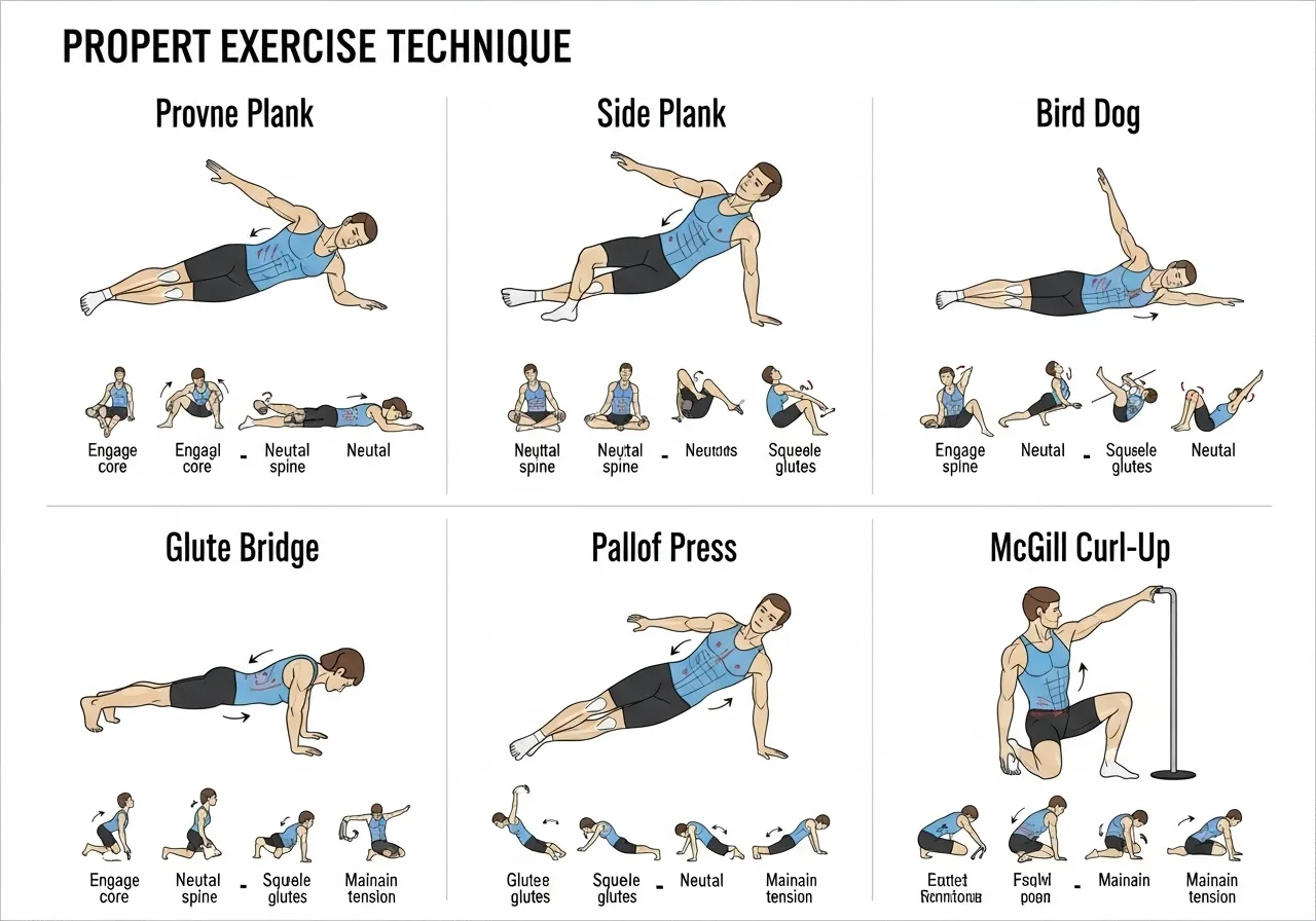 7 core stability exercises plank side plank bird dog dead bug glute bridge technique