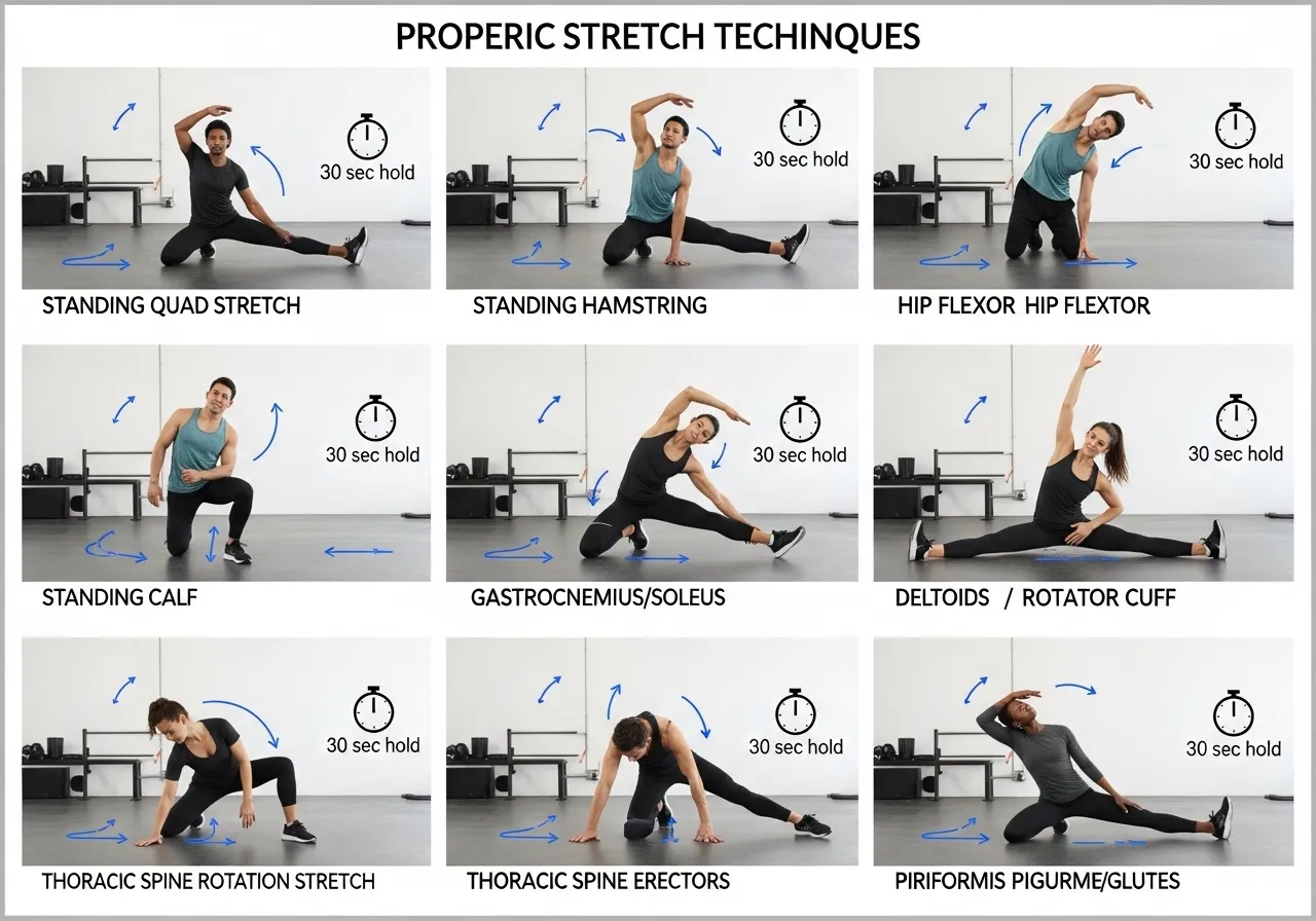 7 essential static stretches technique duration hamstrings hip flexors calves thoracic