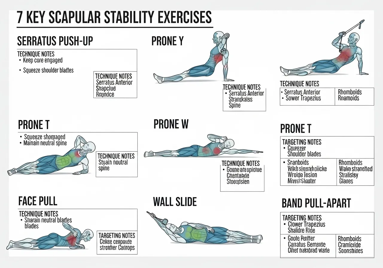 7 scapular stability exercises guide showing serratus push-up prone Y raise prone T raise face pull wall slide band pull-apart prone W raise