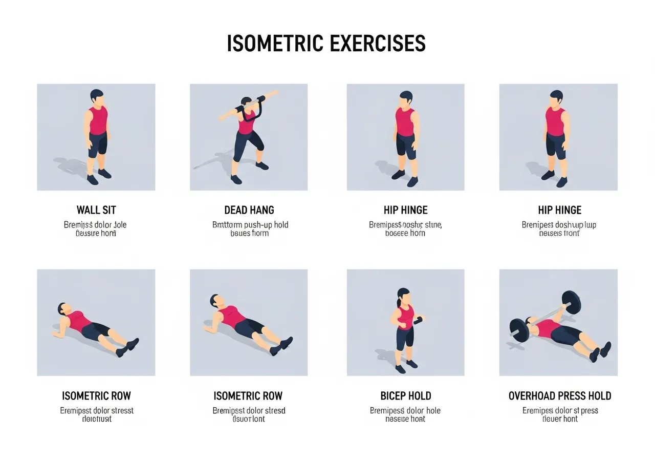 8 isometric exercises guide showing wall sit dead hang push-up hold hip hinge plank row hold bicep hold overhead press hold with technique cues
