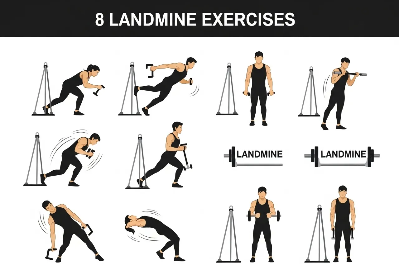 8 landmine exercises guide showing press squat RDL row rotation lunge-press anti-rotation hip thrust targets key points