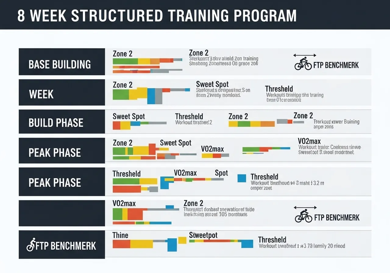 8 week cycling power zones programme infographic showing four phases aerobic base threshold VO2max peak FTP retest 3-8 percent improvement
