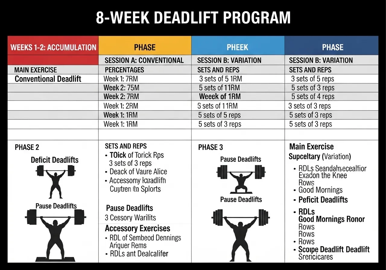 8-week deadlift program conventional RDL phases technique baseline volume intensification peak