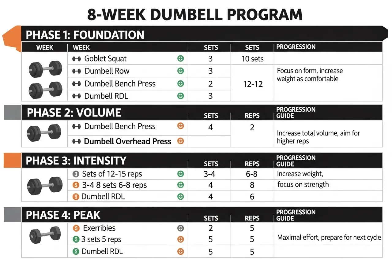 8 week dumbbell training programme showing four phases push pull legs structure sets reps load progression benchmark test