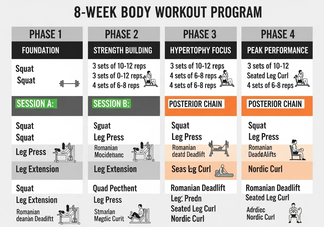 8-week glute program hip thrust phase sessions A B Romanian step-up split squat banded
