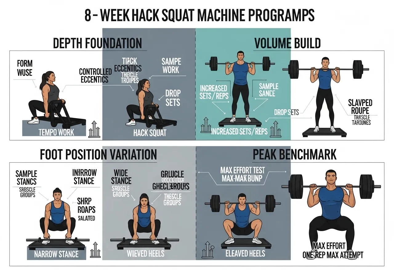 8 week hack squat programme infographic showing four phases depth technique volume foot variation peak benchmark 15-25 percent