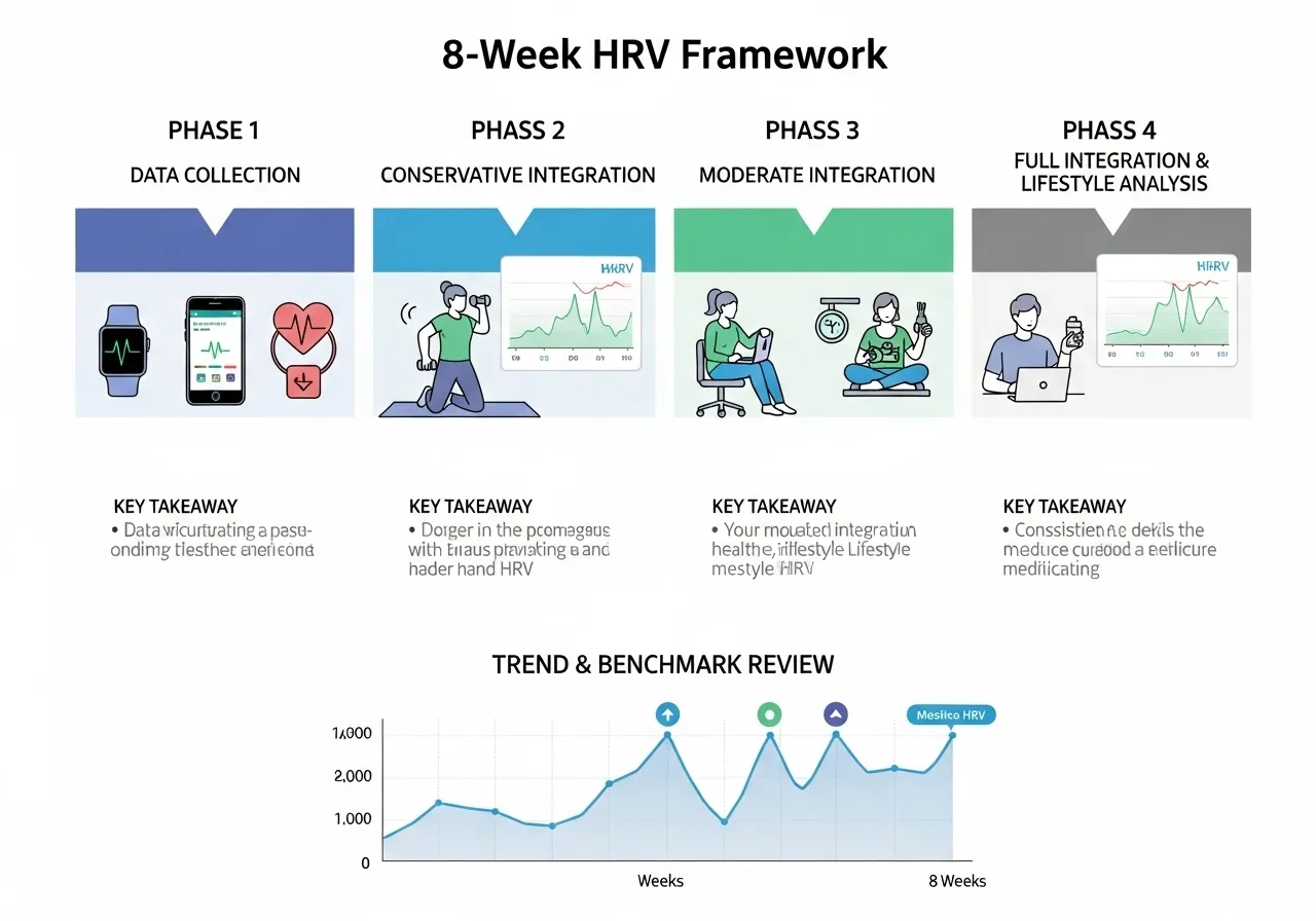 8 week HRV guided training framework infographic showing baseline establishment conservative integration full integration trend analysis benchmark