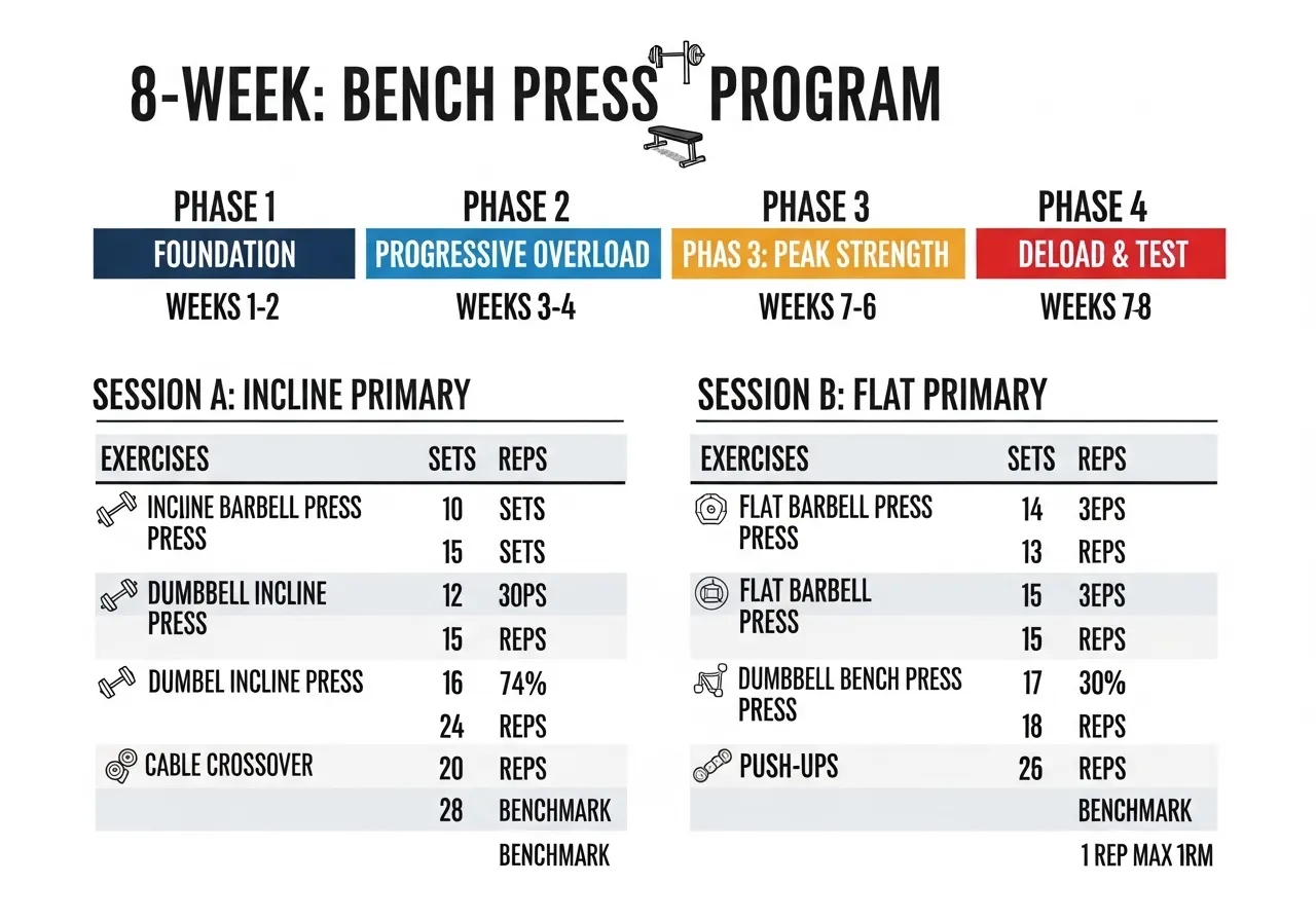 8 week incline bench press programme showing four phases session A B barbell dumbbell cable variations sets reps benchmark 5RM test