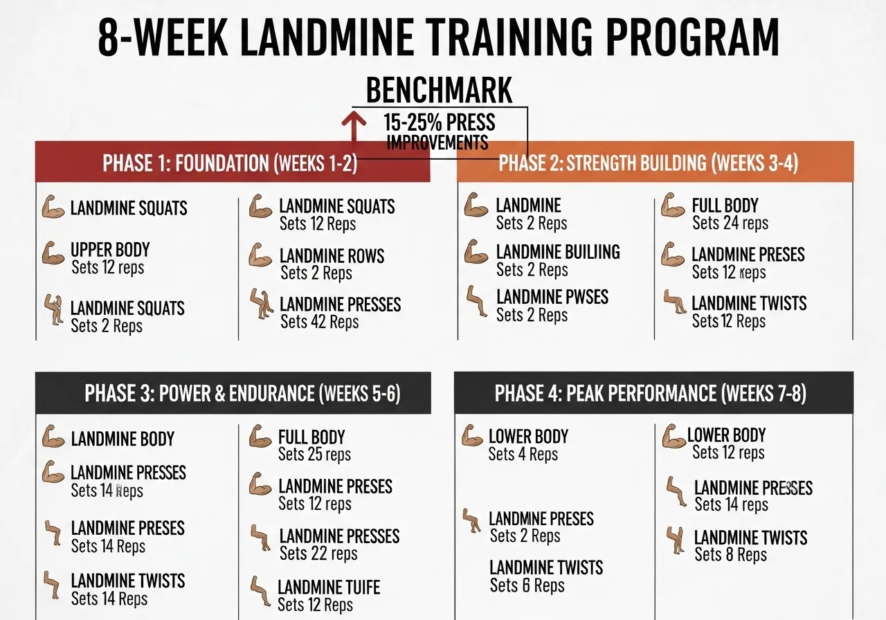 8 week landmine programme infographic showing four phases foundation volume intensity peak sessions benchmark press rotation conditioning