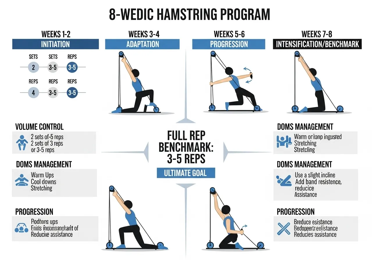 8 week Nordic curl programme infographic showing four phases eccentric introduction band assisted full rep volume peak benchmark