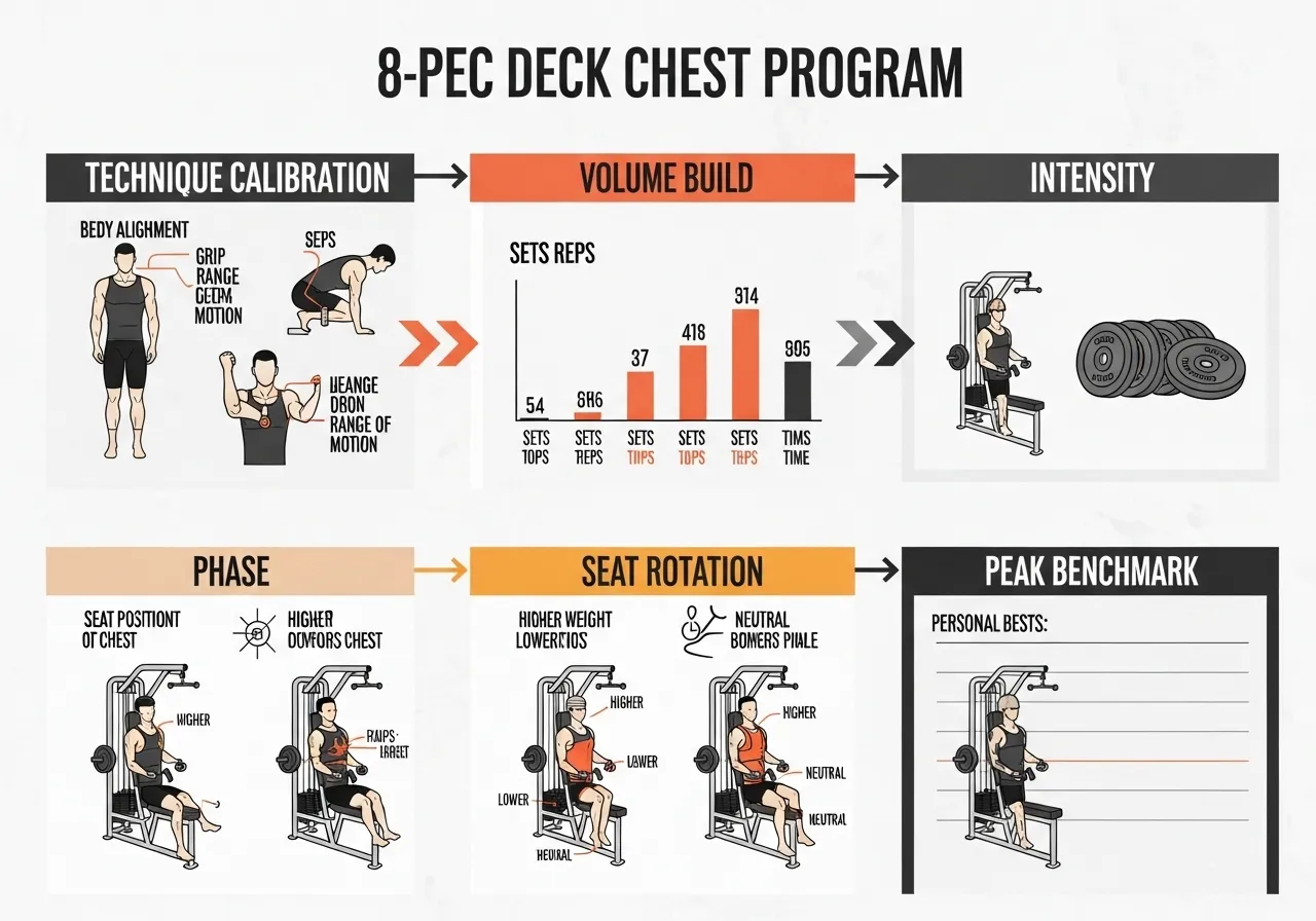 8 week pec deck chest programme infographic showing four phases technique volume intensity peak benchmark isolation pressing integration