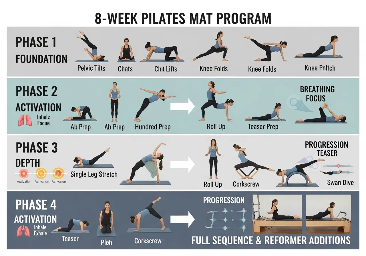 8-week Pilates program four phases foundation building integration peak mat reformer