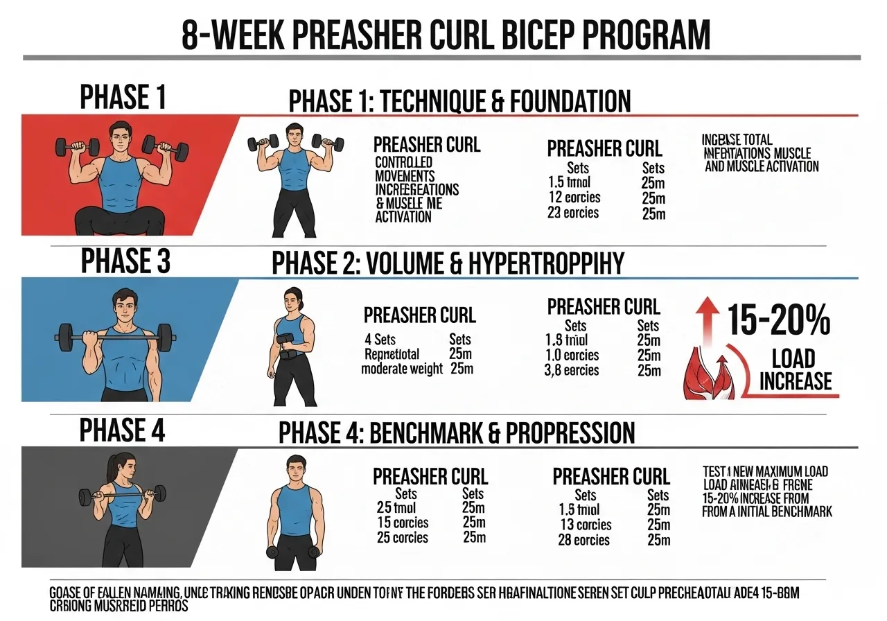 8 week preacher curl programme infographic showing four phases load calibration volume intensity benchmark EZ-bar dumbbell neutral grip