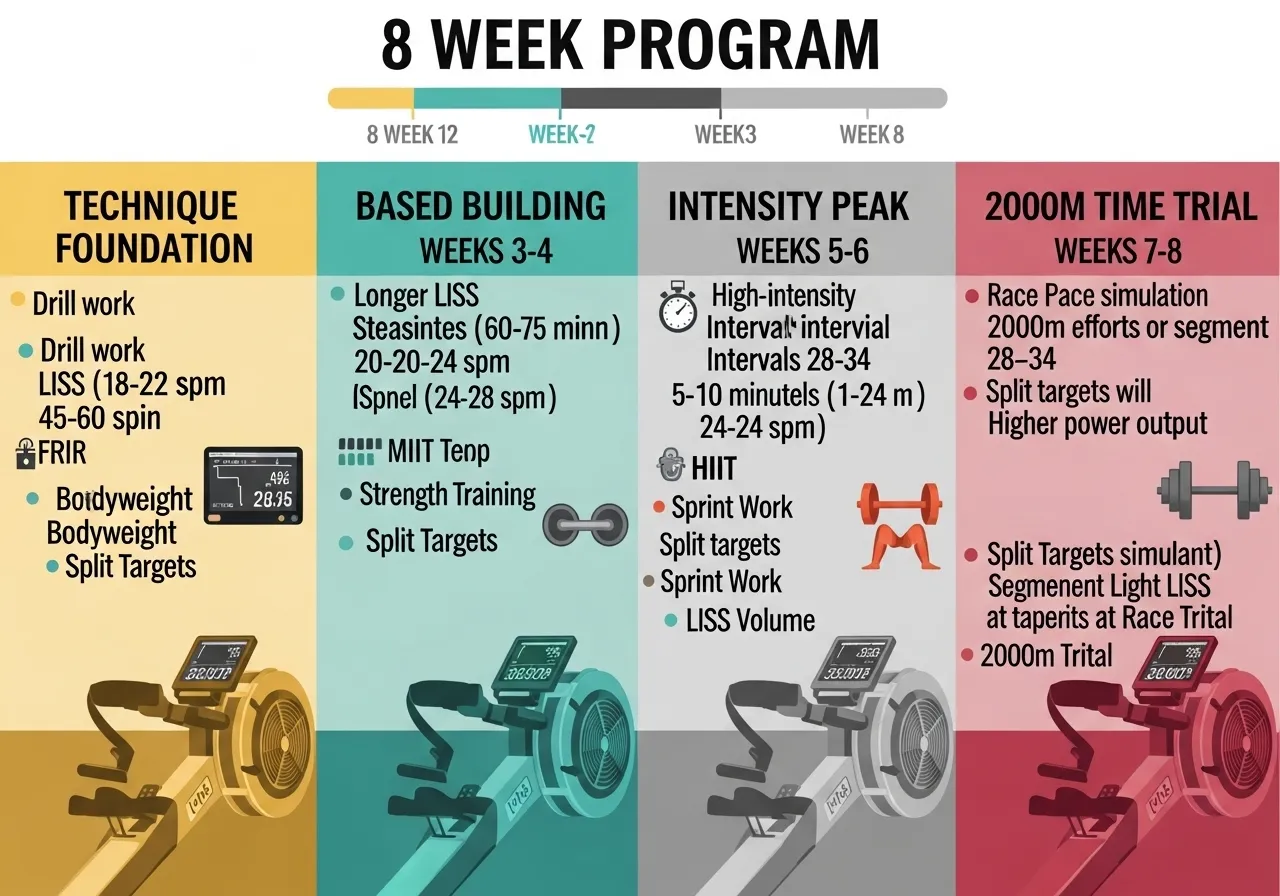 8-week rowing program four phases technique base building intensity peak 2000m benchmark
