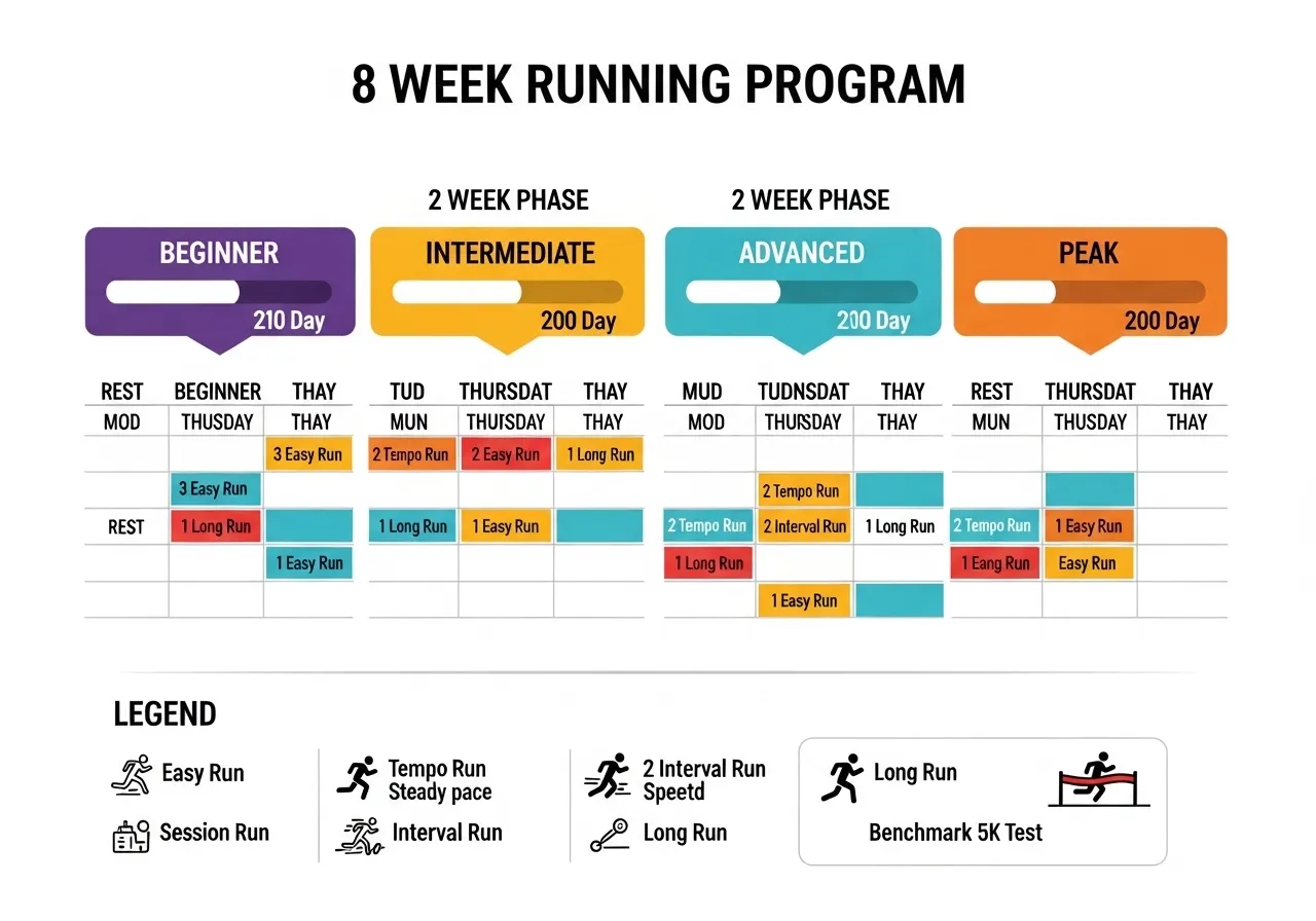 8 week running programme showing three levels beginner intermediate advanced four day structure easy tempo interval long run phases