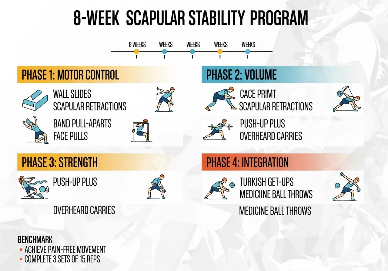 8 week scapular stability programme showing four phases activation block prone exercises face pull integration benchmark wall slide test progression