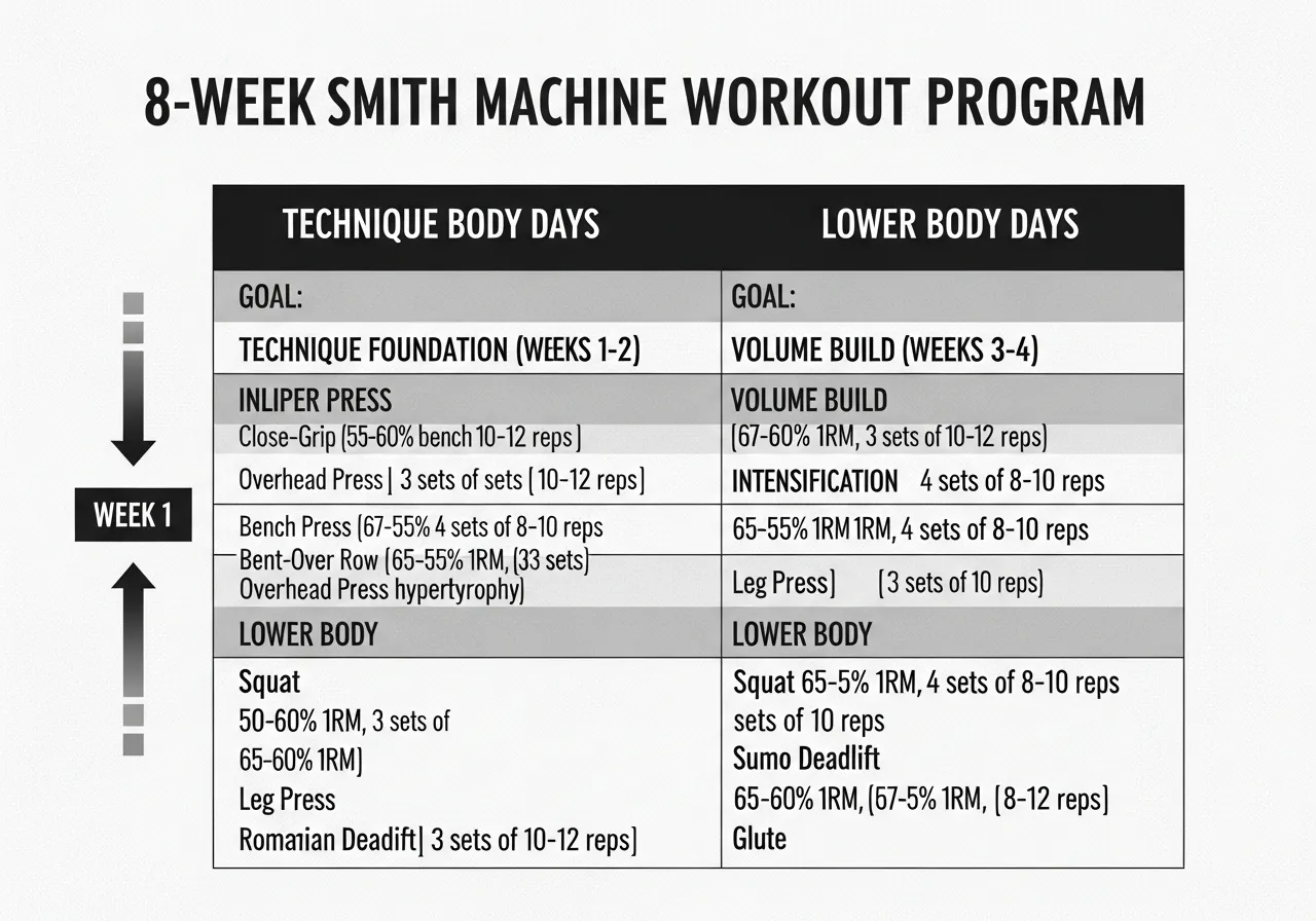 8-week Smith machine program upper lower split phases technique volume intensification peak