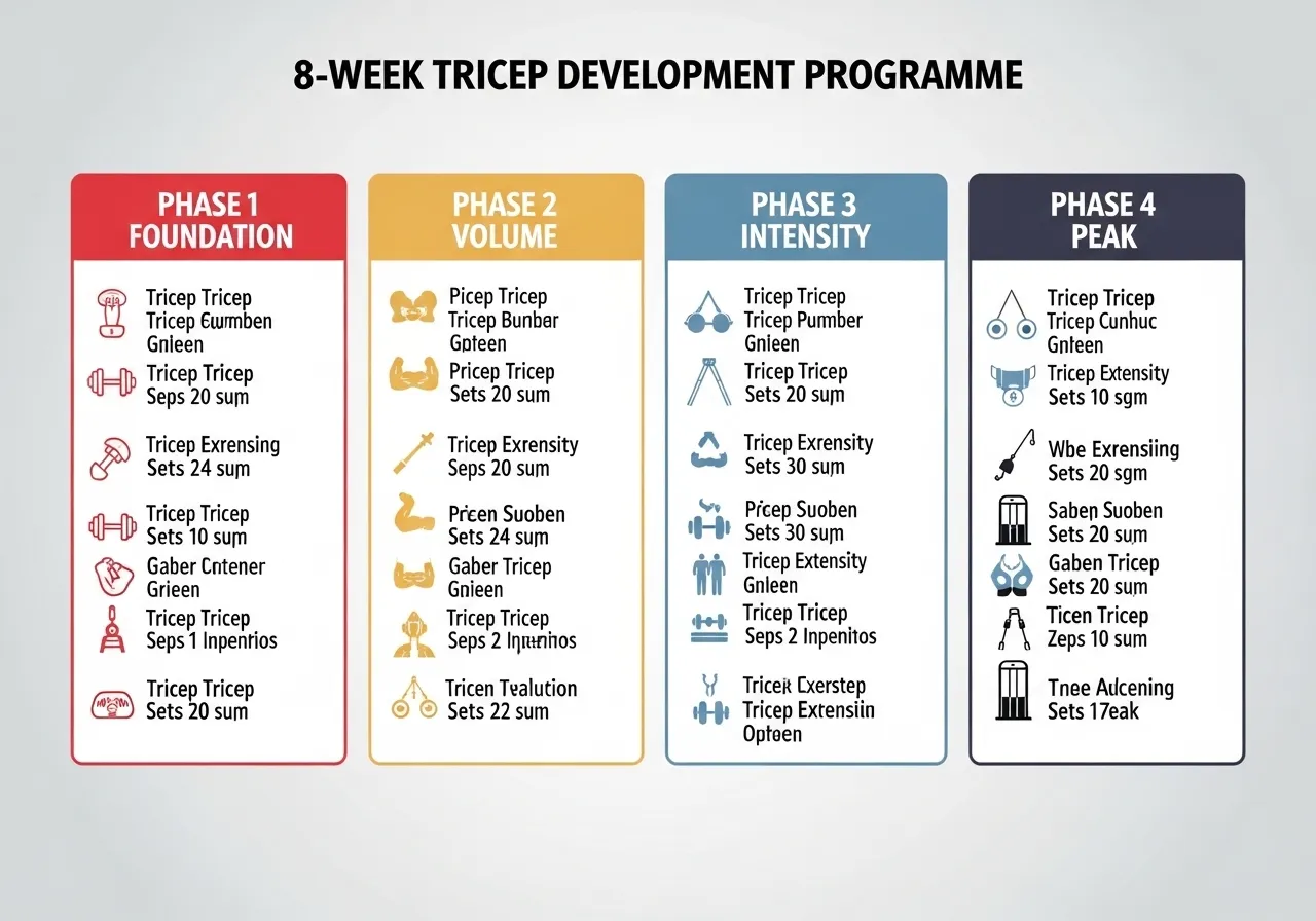 8 week tricep programme showing four phases push day A B specialisation day exercises sets reps overhead extension pushdown skull crusher benchmark