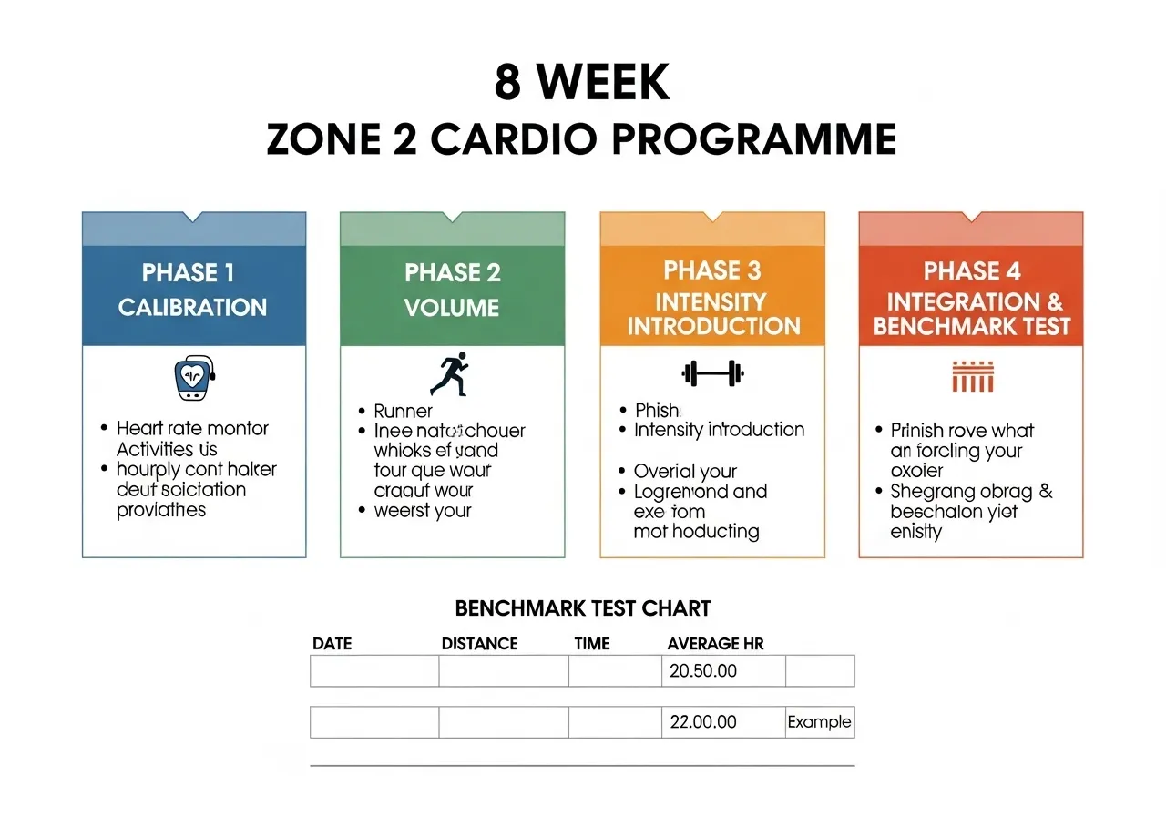 8 week zone 2 cardio programme phase chart showing four phases session types durations heart rate targets and benchmark test progression guide