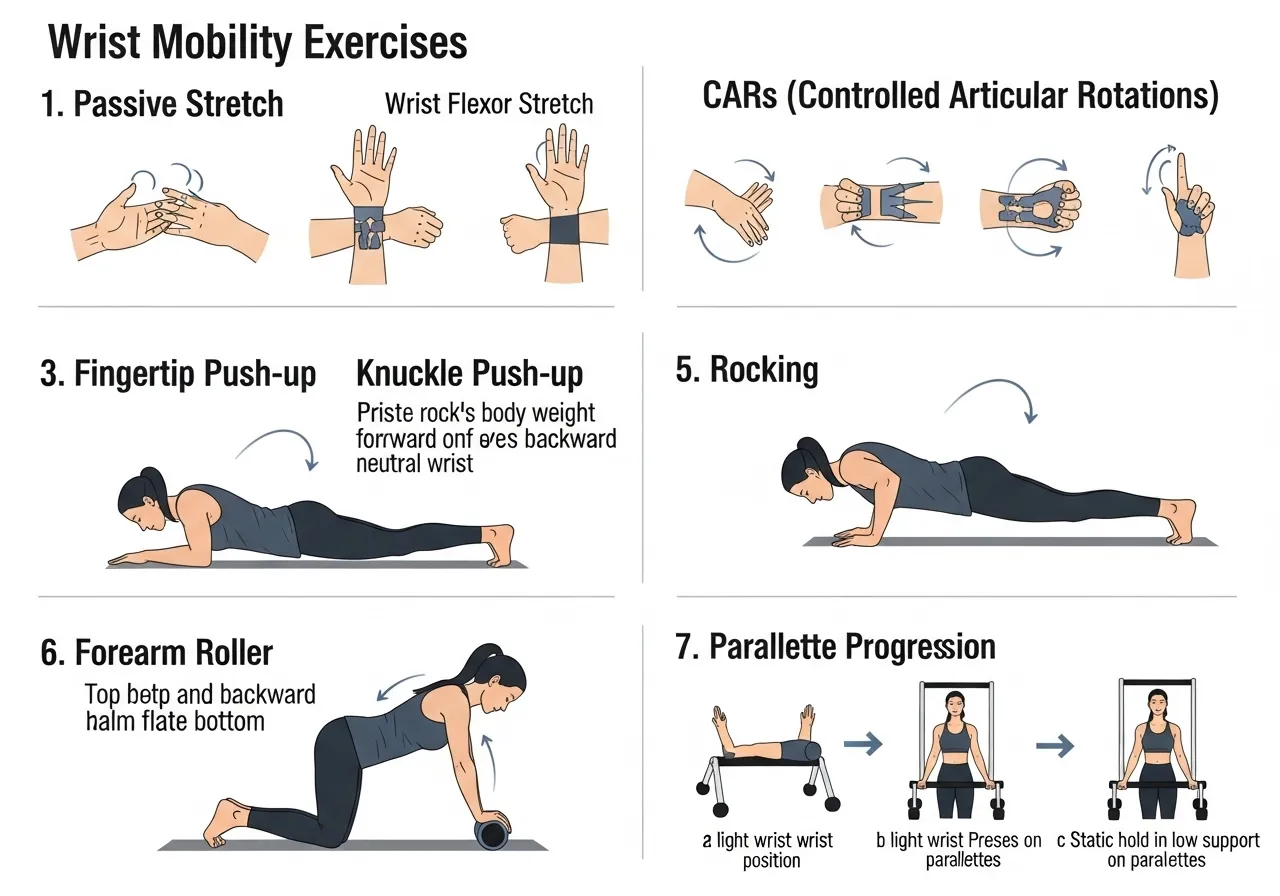 8 wrist mobility exercises guide showing passive extension flexion CARs fingertip push-up knuckle push-up rocking roller parallette