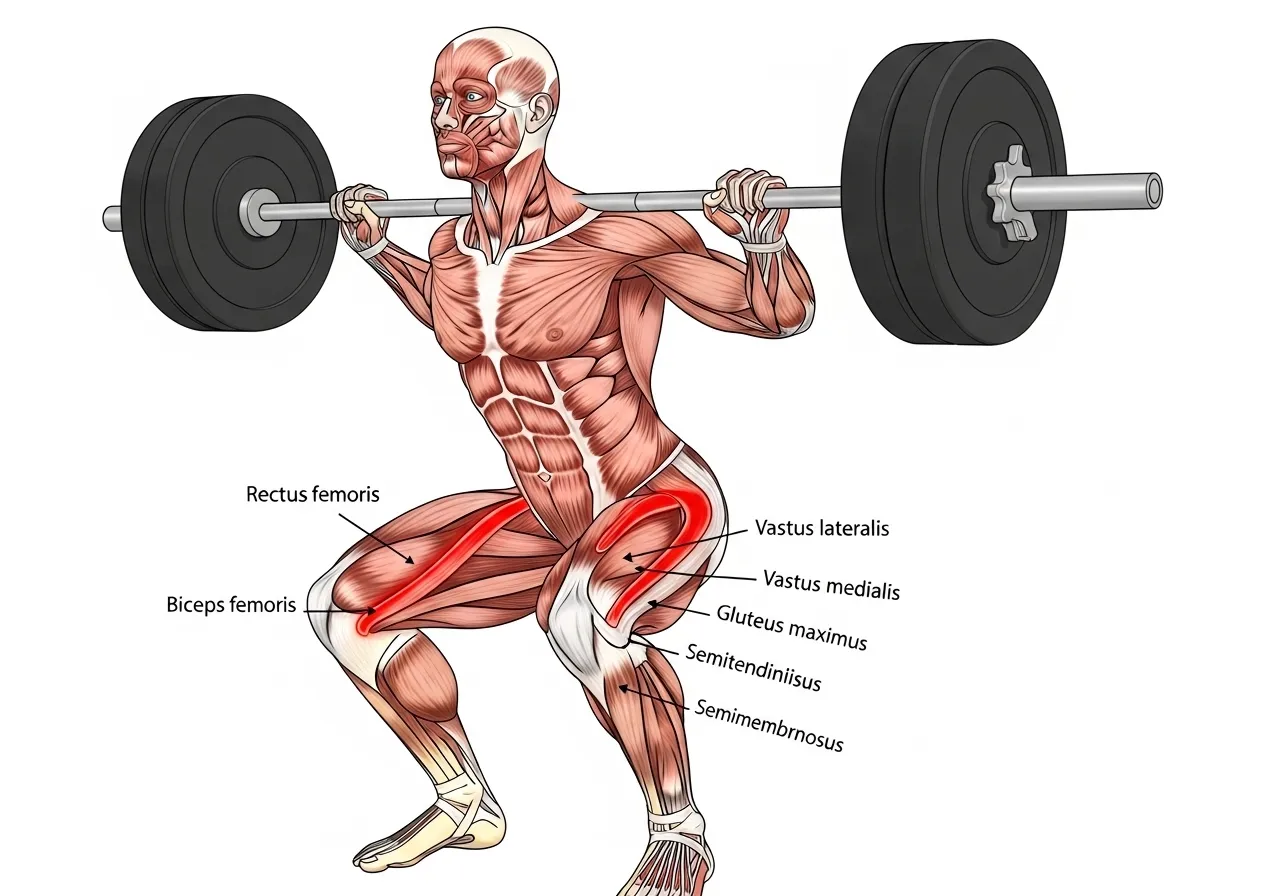 바벨 백 스쿼트 시 근육 활성화를 보여주는 해부학적 삽화. 대퇴사두근, 둔근, 햄스트링이 빨간색으로 강조되어 있다. 깔끔하고 교육적인 스타일, 흰색 배경, 높은 디테일.