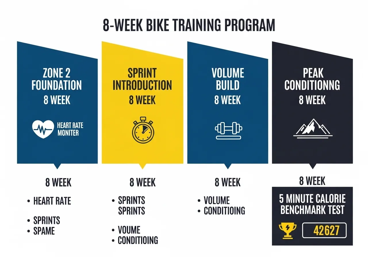 assault bike 8 week programme four phases aerobic base intervals volume build peak conditioning benchmark