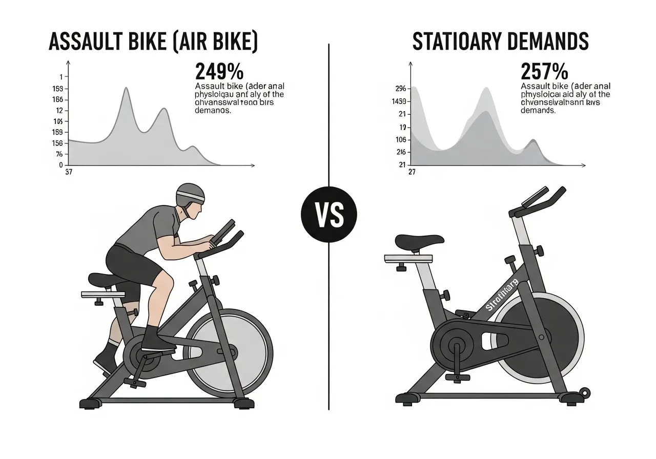 assault bike physiology total body muscle recruitment VO2 max vs stationary bike comparison research evidence