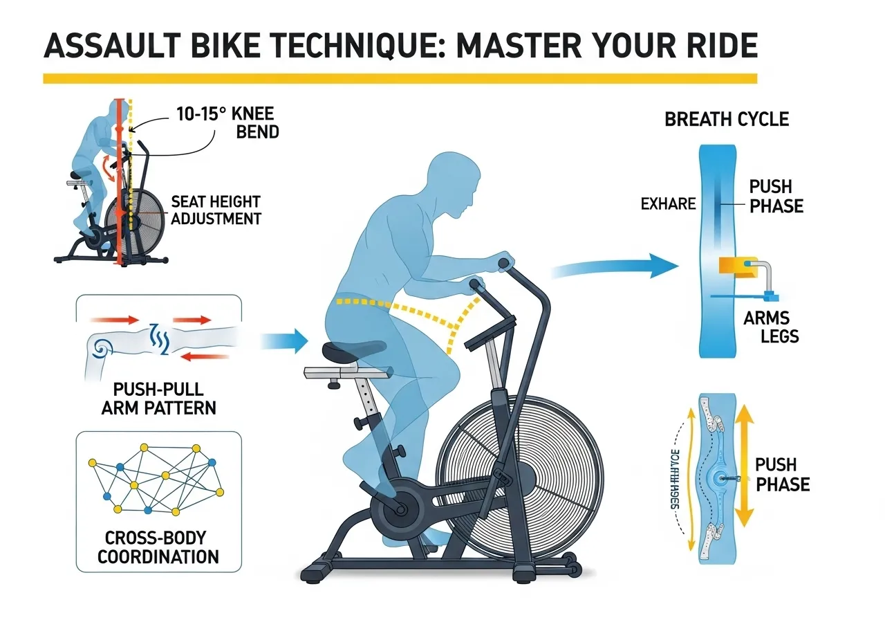 assault bike technique seat height arm push-pull coordination breathing pattern high effort setup