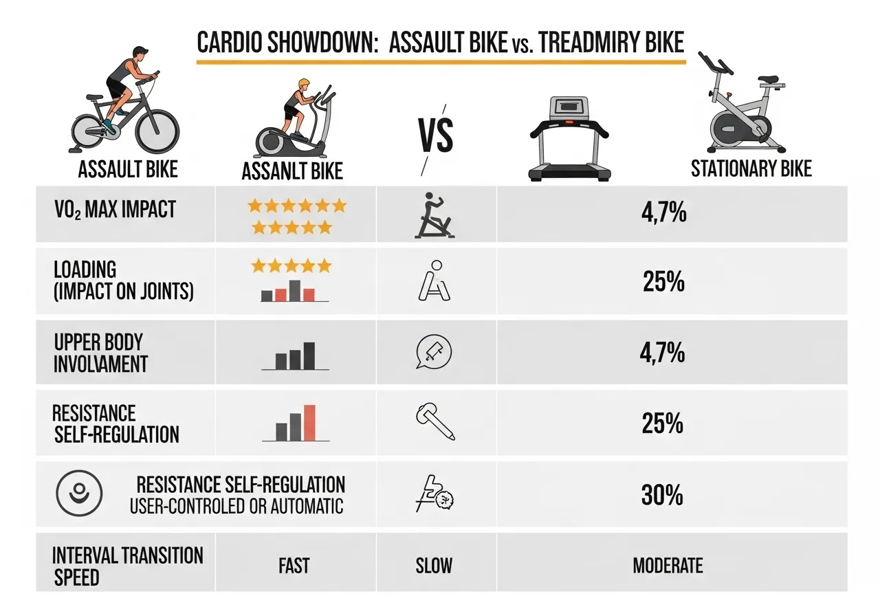 assault bike vs treadmill running vs stationary bike comparison table VO2 impact upper body resistance intervals