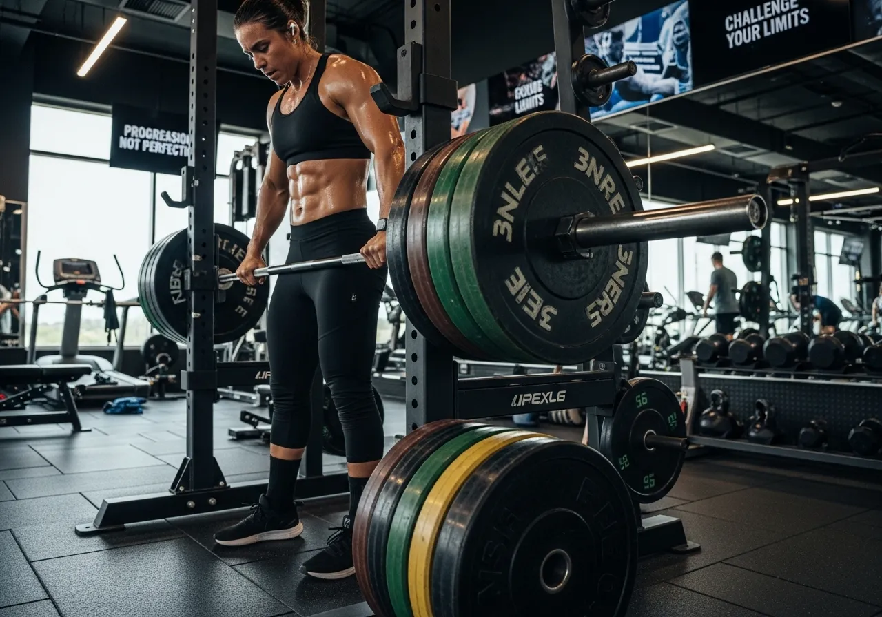 스쿼트 랙에서 바벨에 원판을 추가하는 운동선수, 점진적 과부하 개념, 체육관 환경, 동기 부여 분위기, 사실적인 묘사