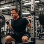 athlete performing a heavy barbell back squat with perfect form in a well-lit gym, squat rack, chalk on hands, focused expression, natural gym lighting, photorealistic, high detail