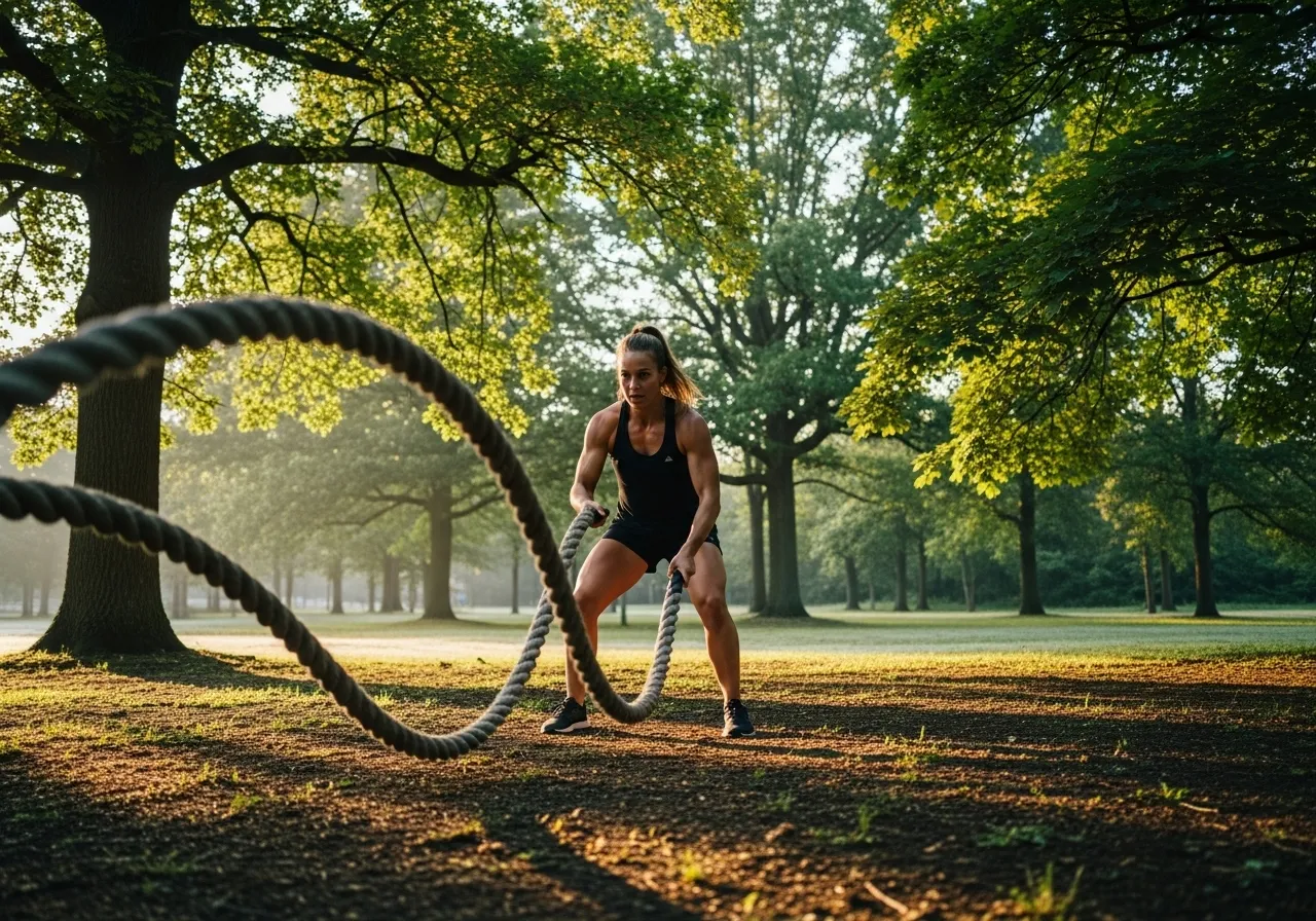 athlete using battle ropes in outdoor park setting, trees in background, natural morning light, functional fitness outdoor training atmosphere, photorealistic