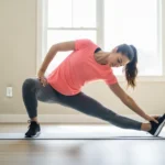 The 10-Minute Daily Hip Mobility Routine That Fixes Pain, Improves Performance, and Undoes Hours of Sitting athletic person performing deep hip flexor stretch on yoga mat in bright home gym, natural morning light through window, focused relaxed expression, photorealistic high quality