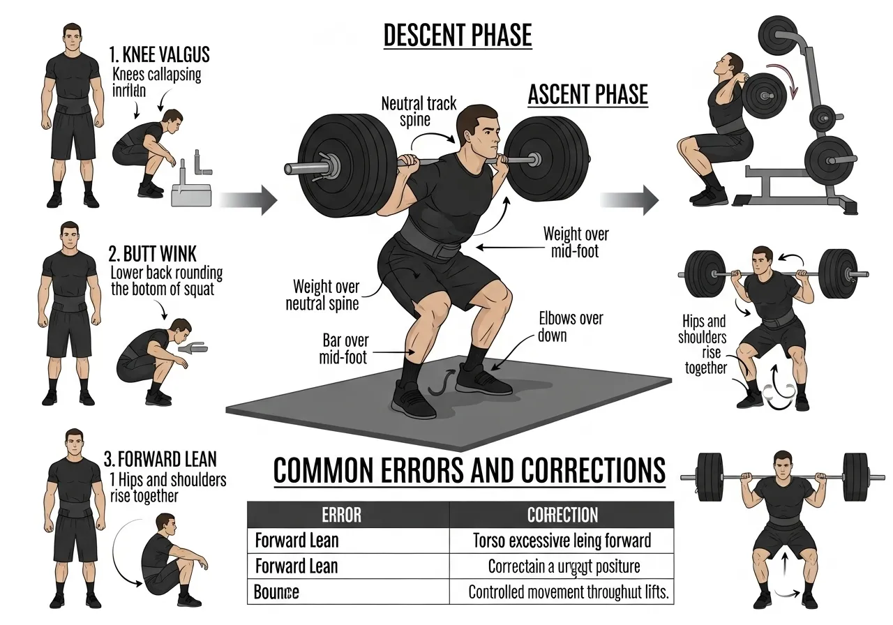 back squat technique steps descent ascent common errors knee valgus butt wink