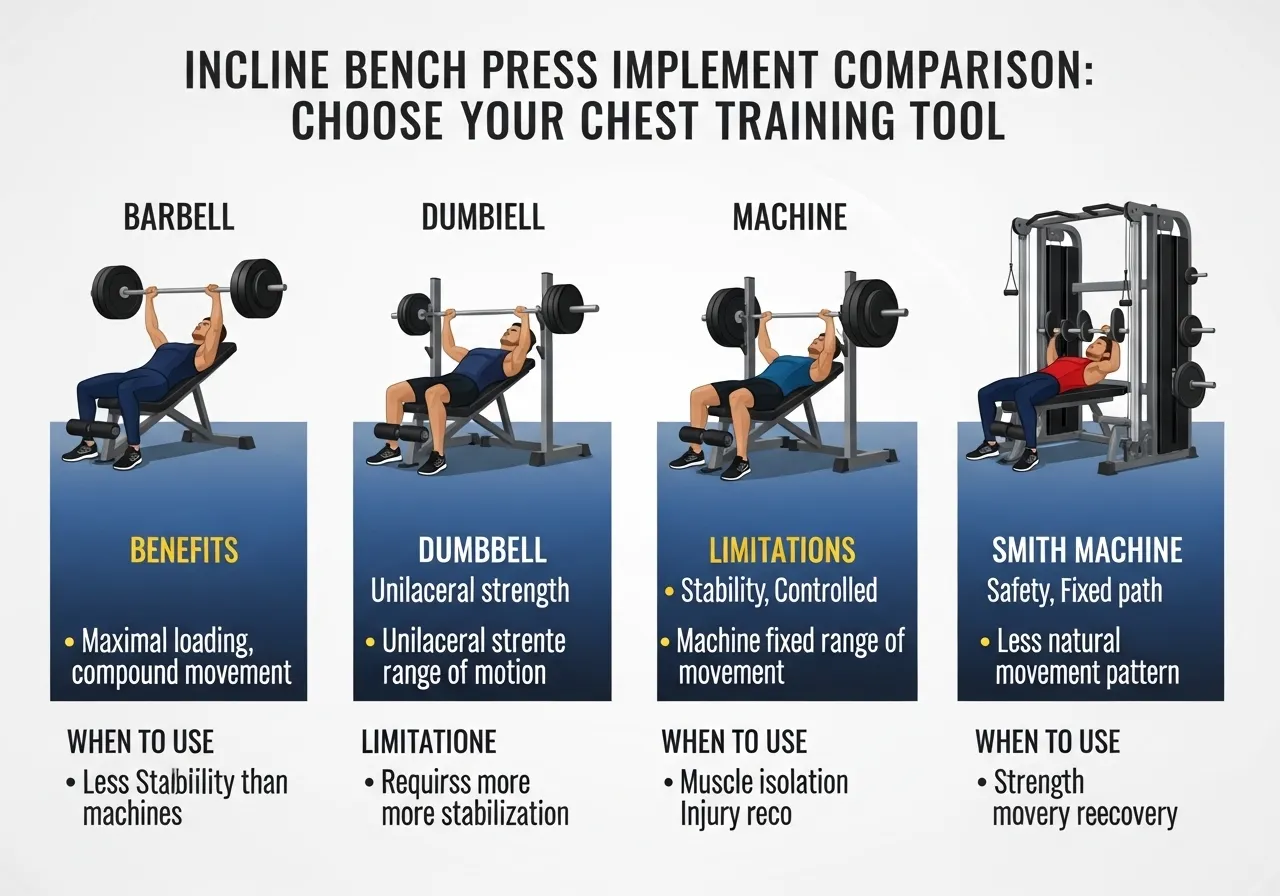 barbell dumbbell machine incline press comparison table showing best use case main limitation load progressive overload recommendation
