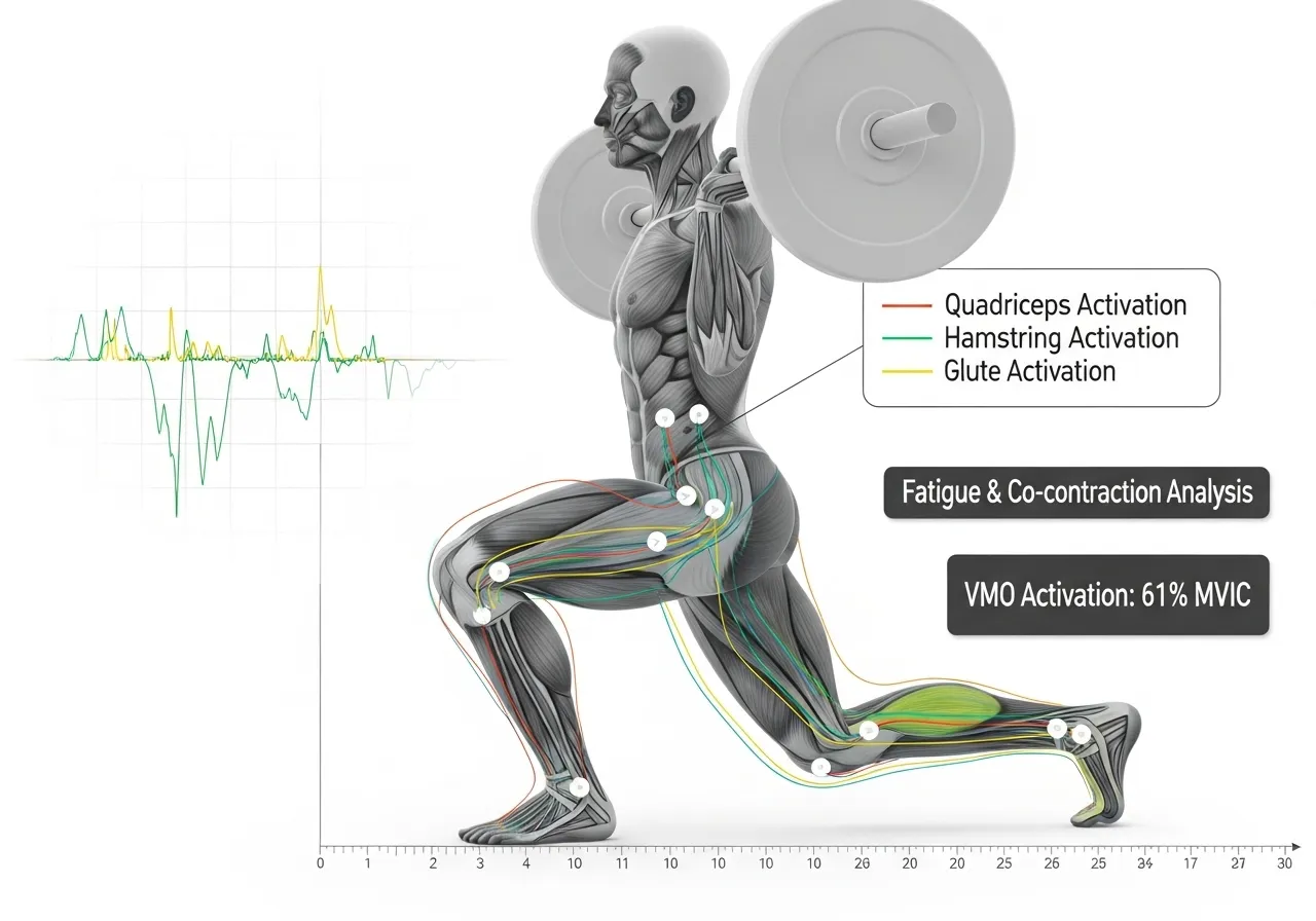 barbell lunge EMG step length stride activation quadriceps hamstring glute VMO 61 percent MVIC fatigue co-contraction