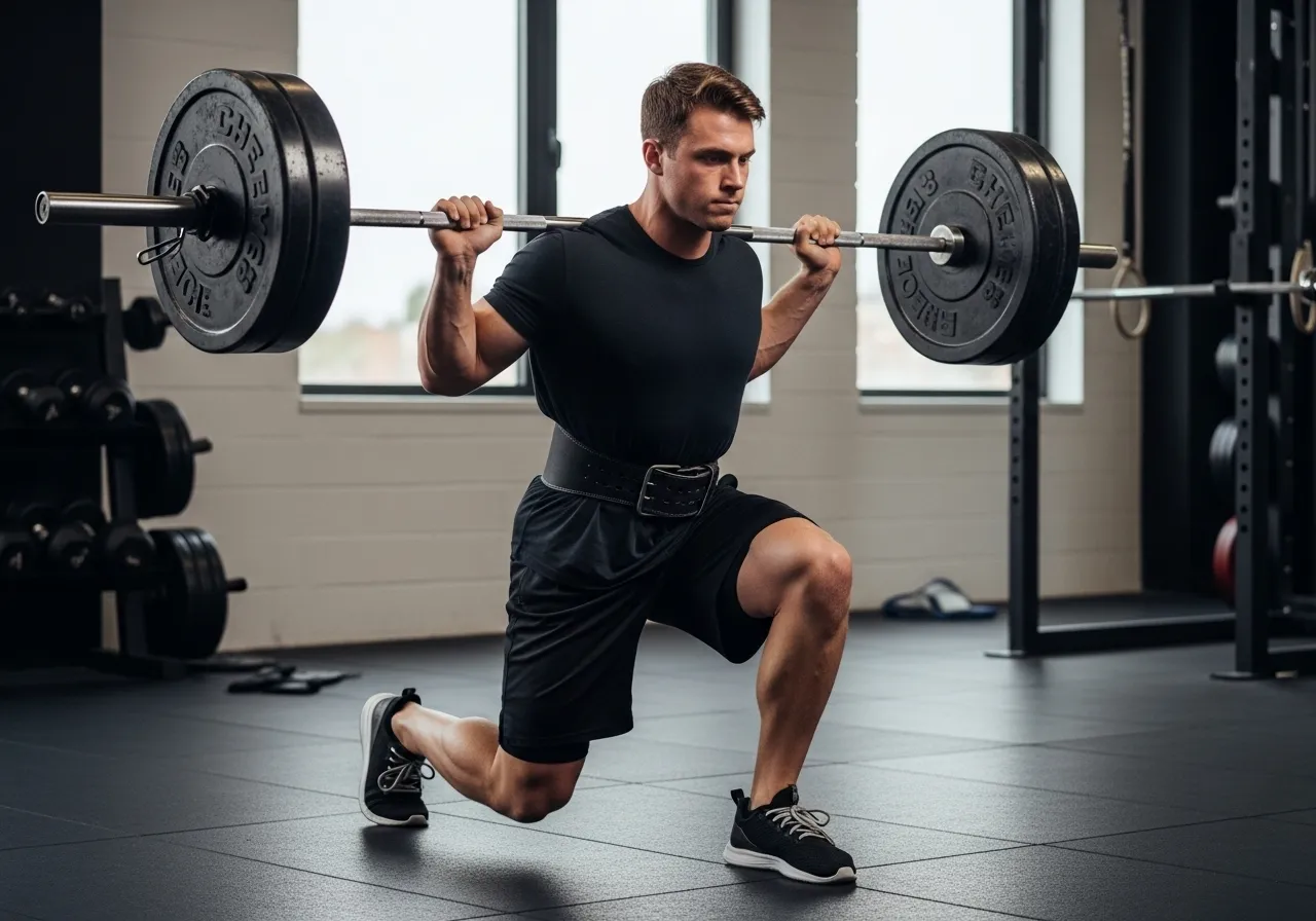 barbell lunge technique bar position front knee tracking over toes torso position depth full range safety